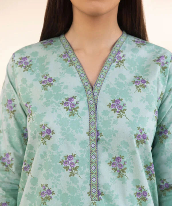 Ice Blue Printed Lawn 3-Piece Suit with Matching Voile Dupatta & Cotton Trouser