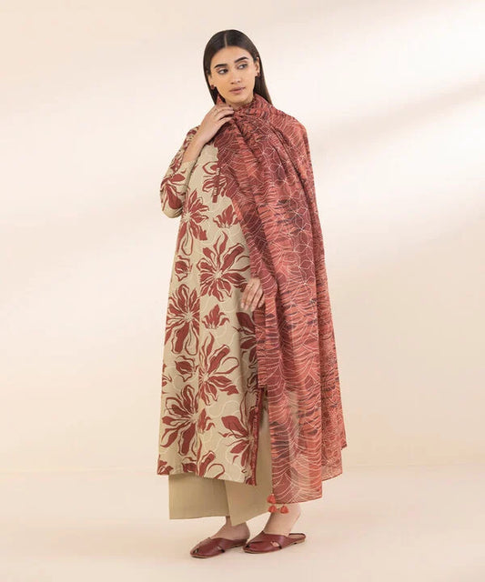 Tan Printed Cotton 3-Piece Suit with Light Maroon Voile Dupatta & Beige Cotton Trouser