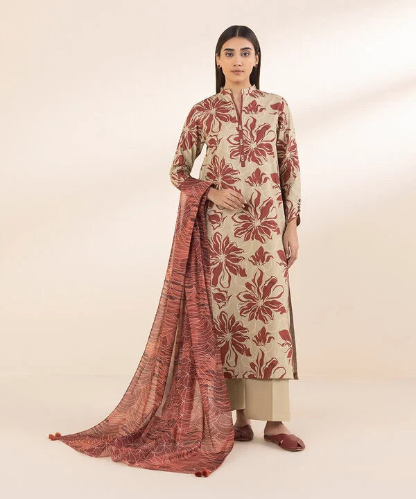 Tan Printed Cotton 3-Piece Suit with Light Maroon Voile Dupatta & Beige Cotton Trouser