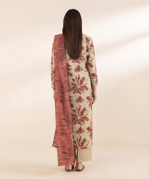 Tan Printed Cotton 3-Piece Suit with Light Maroon Voile Dupatta & Beige Cotton Trouser