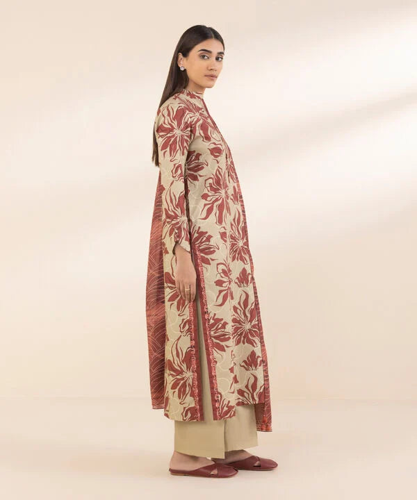 Tan Printed Cotton 3-Piece Suit with Light Maroon Voile Dupatta & Beige Cotton Trouser