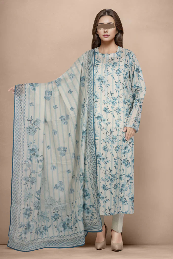 Unstitched Off-White Printed Lawn 3-Piece Set with Dupatta & Trouser