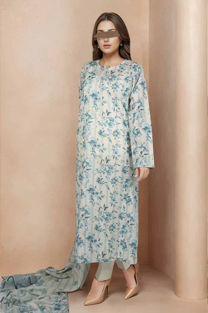 Unstitched Off-White Printed Lawn 3-Piece Set with Dupatta & Trouser