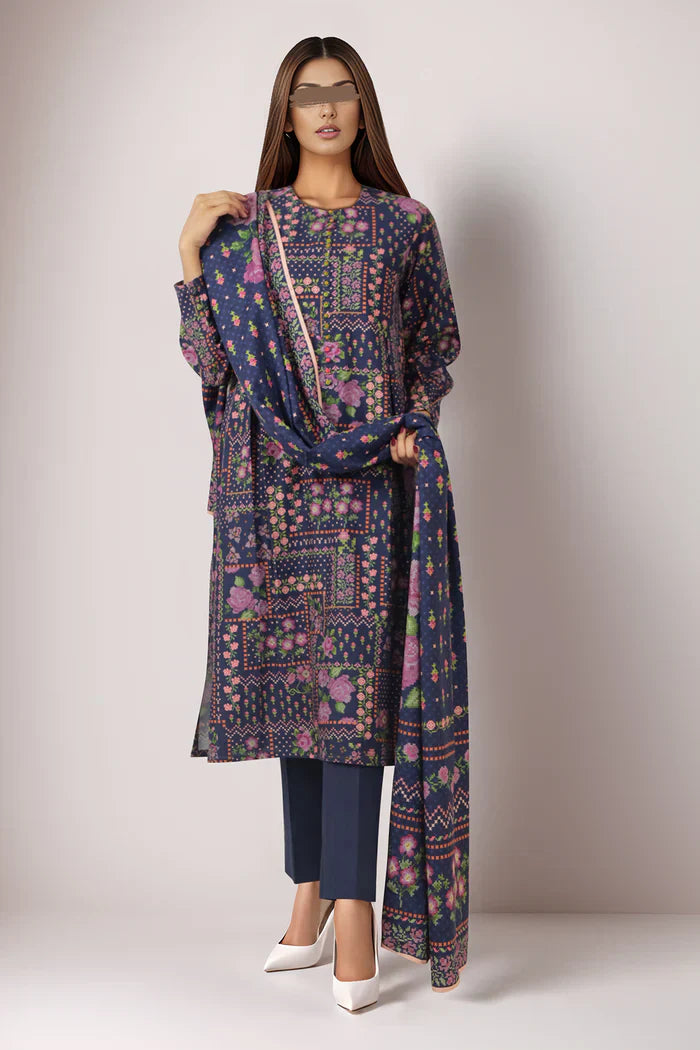 Unstitched Blue Printed Cotton Khaddar 3-Piece Set with Dupatta & Trouser