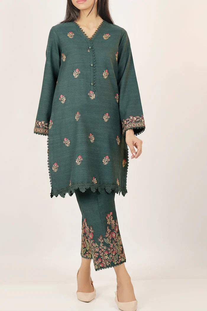 Unstitched Deep Green Embroidered Khaddar Shirt