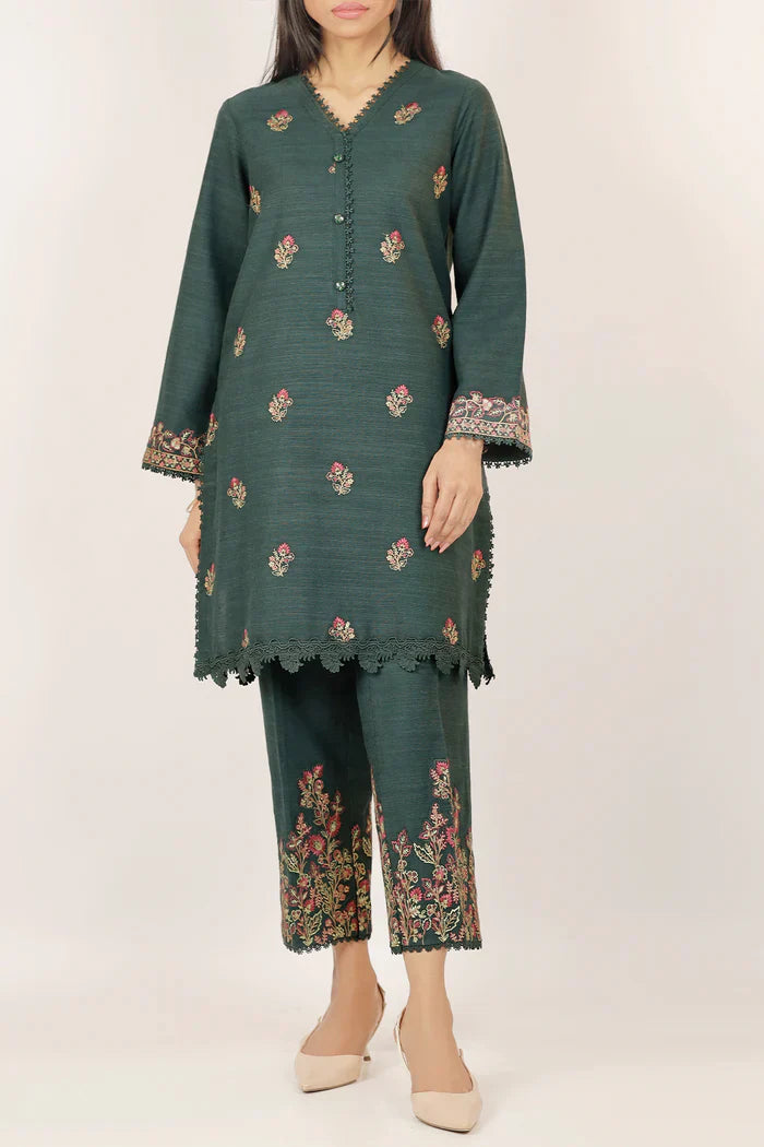 Unstitched Deep Green Embroidered Khaddar Shirt