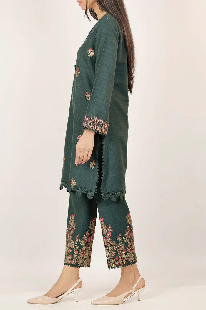 Unstitched Deep Green Embroidered Khaddar Shirt