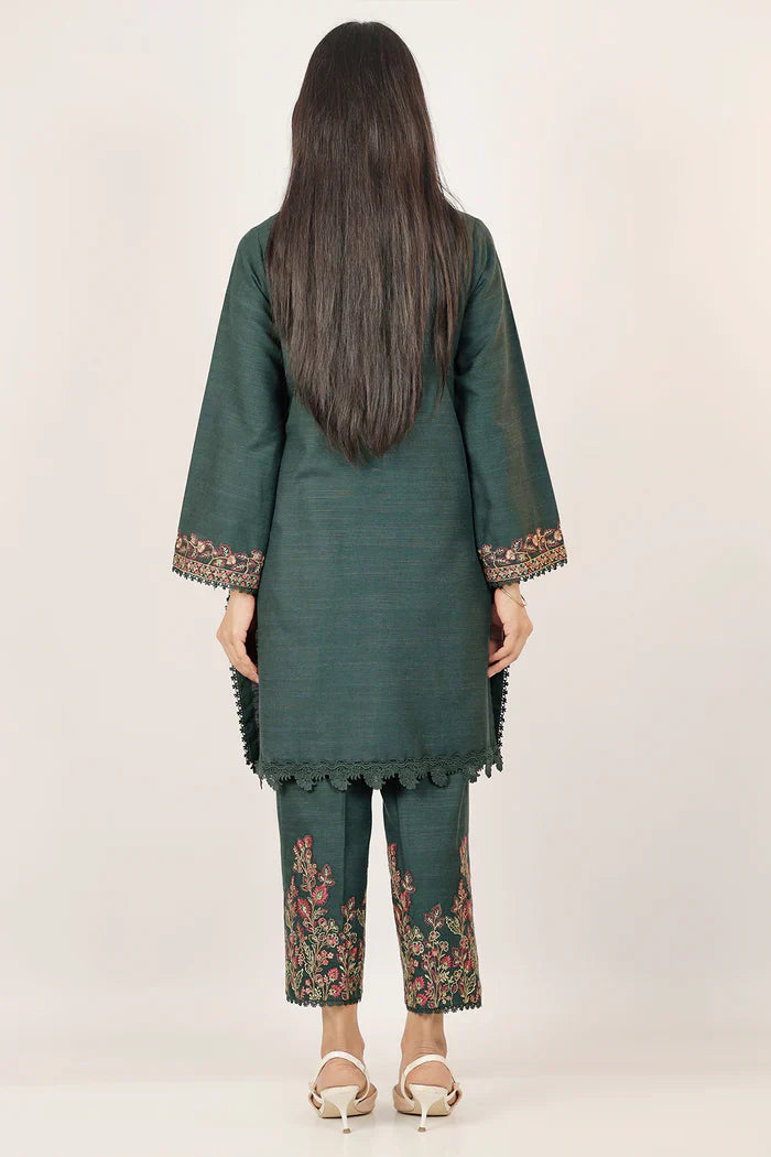 Unstitched Deep Green Embroidered Khaddar Shirt