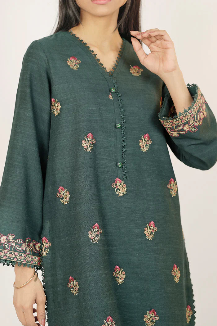 Unstitched Deep Green Embroidered Khaddar Shirt