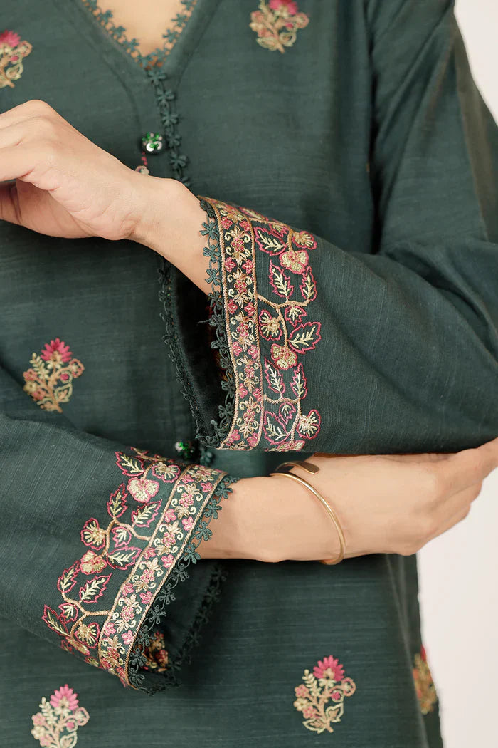 Unstitched Deep Green Embroidered Khaddar Shirt