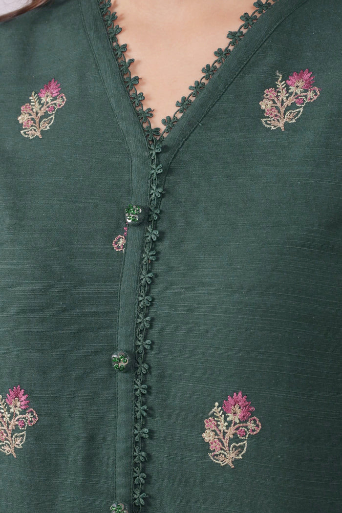 Unstitched Deep Green Embroidered Khaddar Shirt