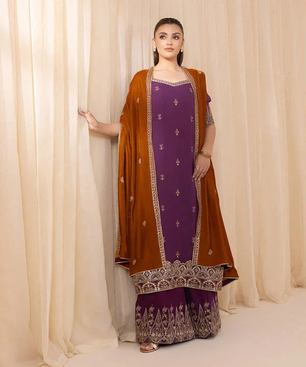 3 Piece - Embroidered Chiffon Suit