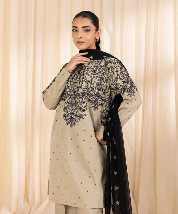 3 Piece - Embroidered Cotton Satin Suit