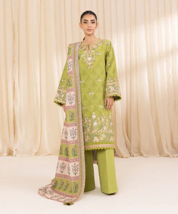 3 Piece - Embroidered Cotton Jacquard Suit