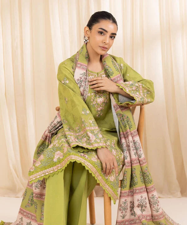 3 Piece - Embroidered Cotton Jacquard Suit