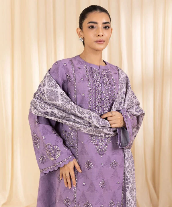 3 Piece - Embroidered Cotton Jacquard Suit