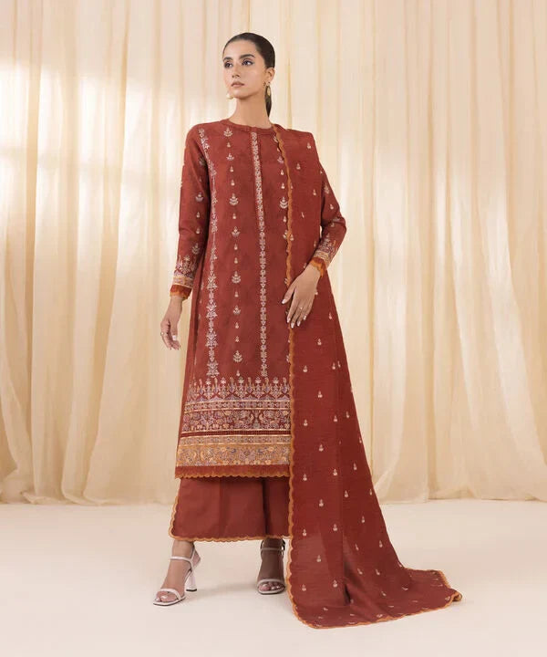 3 Piece - Embroidered Cotton Jacquard Suit