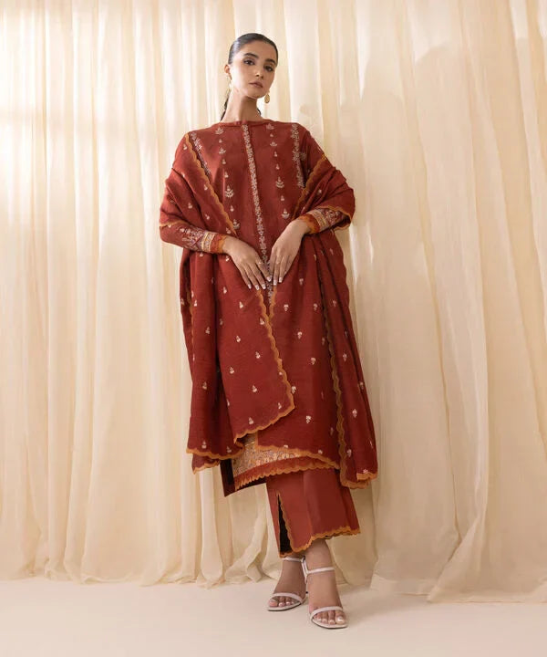 3 Piece - Embroidered Cotton Jacquard Suit