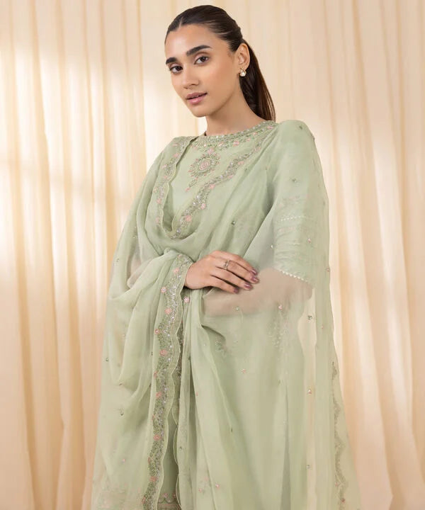 3 Piece - Embroidered Cotton Satin Suit