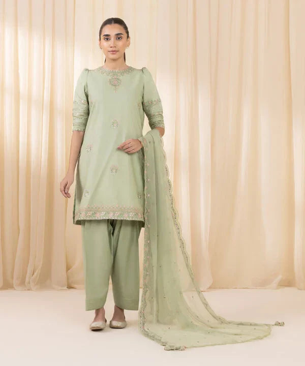 3 Piece - Embroidered Cotton Satin Suit