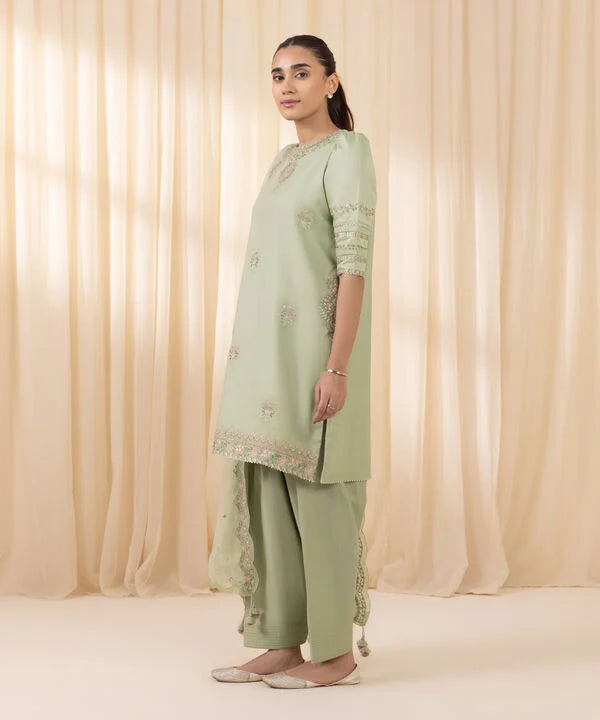 3 Piece - Embroidered Cotton Satin Suit