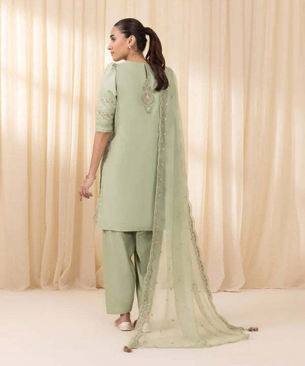 3 Piece - Embroidered Cotton Satin Suit