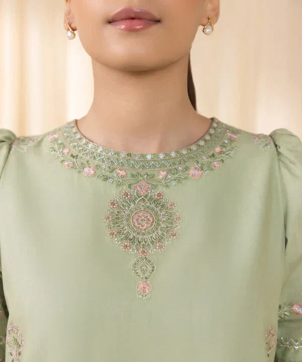 3 Piece - Embroidered Cotton Satin Suit