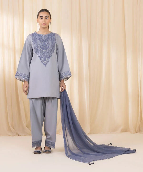 3 Piece - Embroidered Cotton Satin Suit