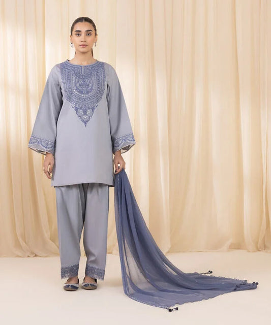 3 Piece - Embroidered Cotton Satin Suit