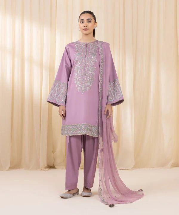 3 Piece - Embroidered Cotton Satin Suit