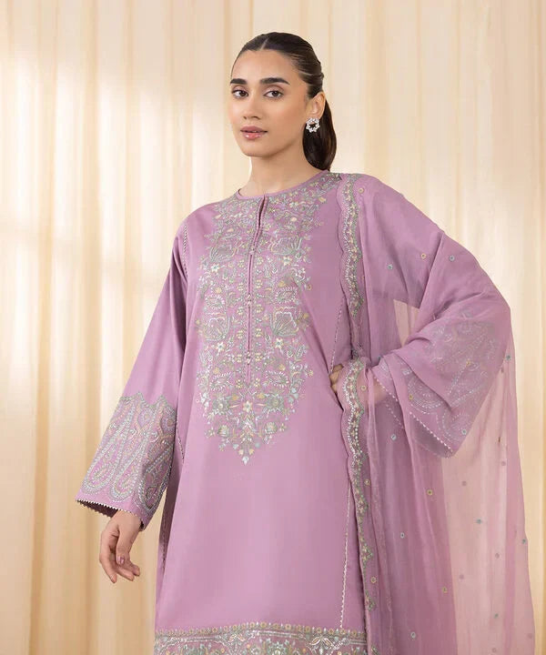 3 Piece - Embroidered Cotton Satin Suit