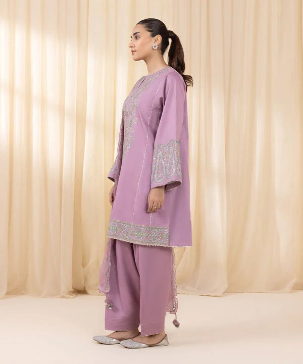 3 Piece - Embroidered Cotton Satin Suit