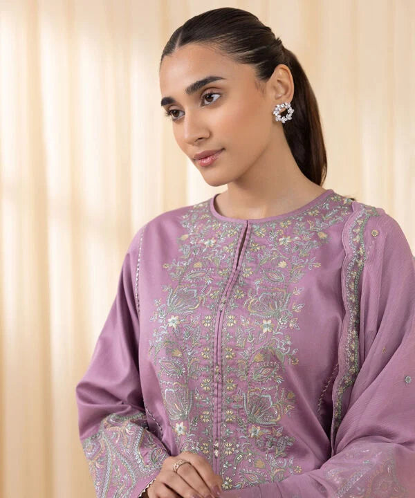 3 Piece - Embroidered Cotton Satin Suit