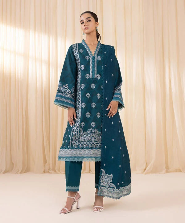 3 Piece - Embroidered Cotton Jacquard Suit