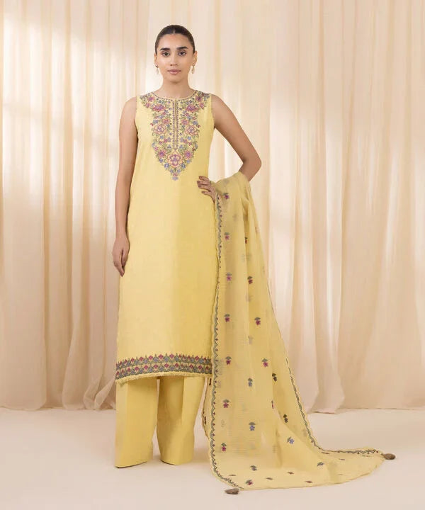 3 Piece - Embroidered Cotton Jacquard Suit