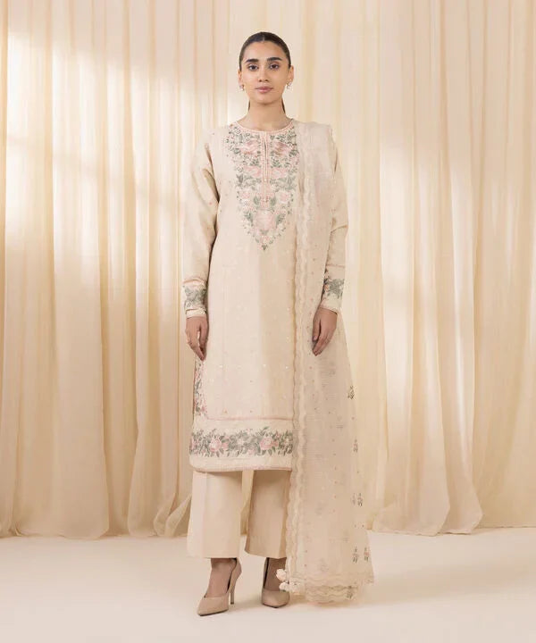 3 Piece - Embroidered Cotton Jacquard Suit