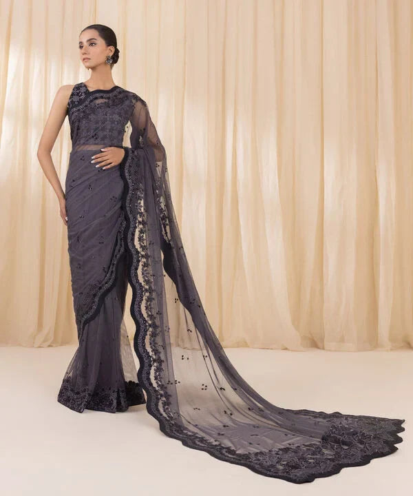 3 Piece - Embroidered Net Saree