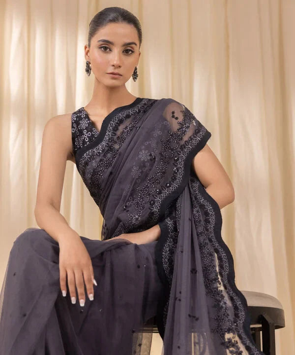 3 Piece - Embroidered Net Saree