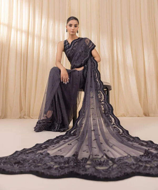 3 Piece - Embroidered Net Saree