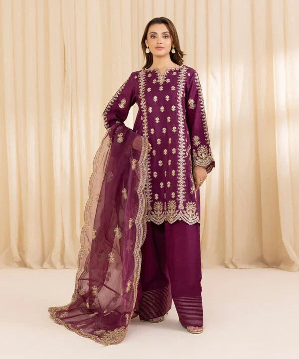 3 Piece - Embroidered Silk Suit