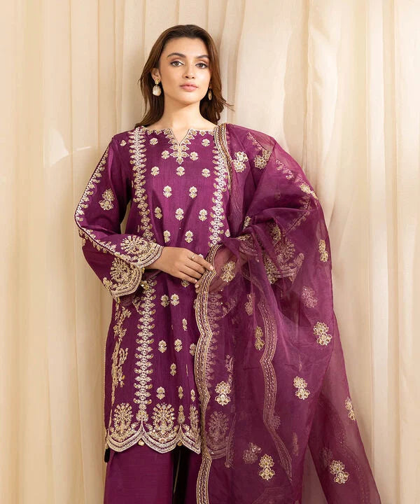 3 Piece - Embroidered Silk Suit