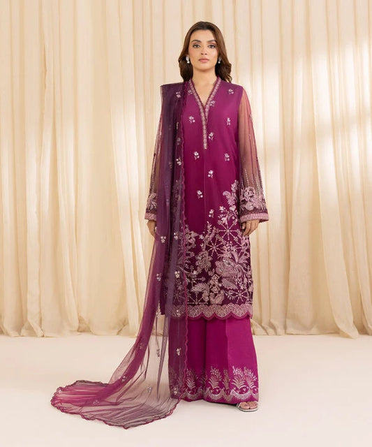 3 Piece - Embroidered Net Suit