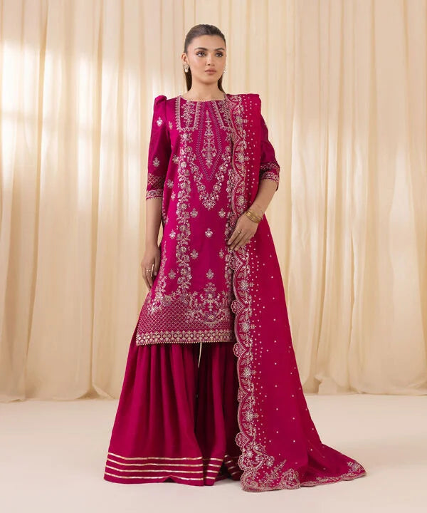 3 Piece - Embroidered Cotton Net Suit