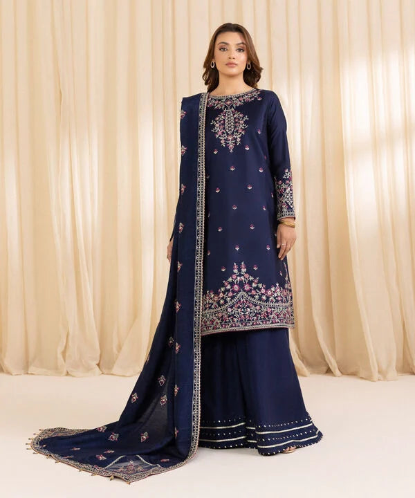 3 Piece - Embroidered Cotton Net Suit