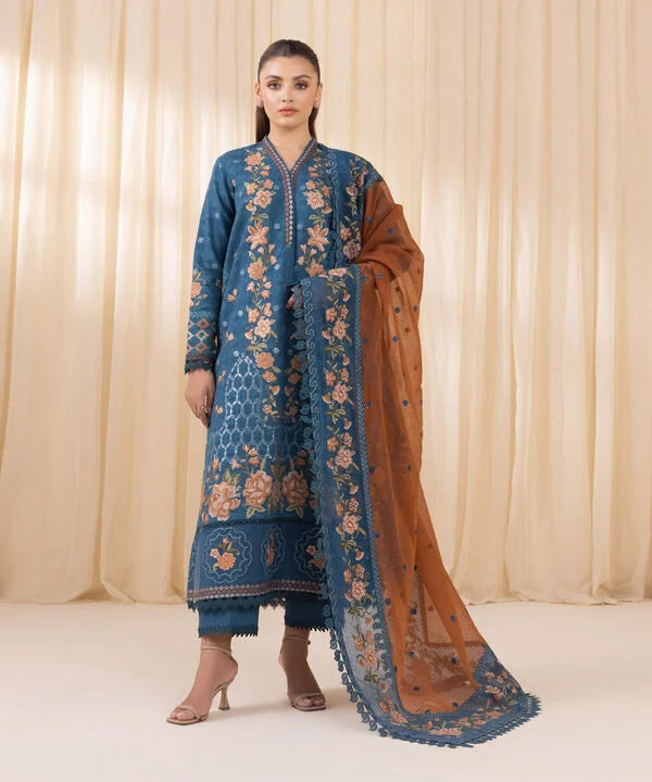 3 Piece - Embroidered Cotton Jacquard Suit