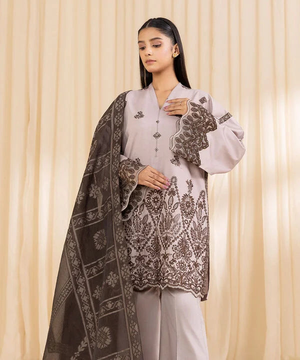 3 Piece - Embroidered Cotton Satin Suit