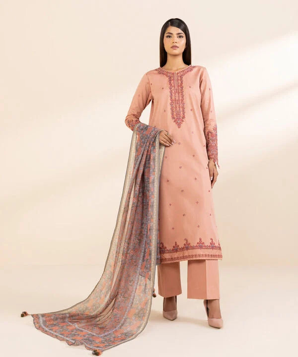 3 Piece - Embroidered Cotton Satin Suit