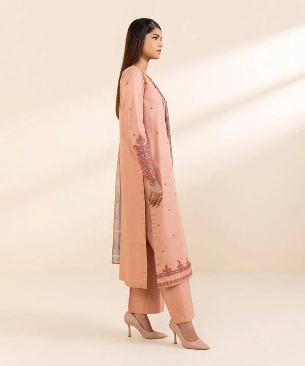 3 Piece - Embroidered Cotton Satin Suit