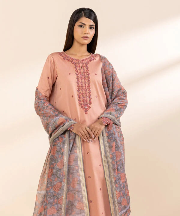 3 Piece - Embroidered Cotton Satin Suit