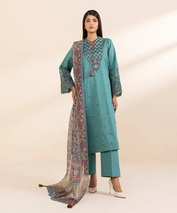 3 Piece - Embroidered Cotton Satin Suit